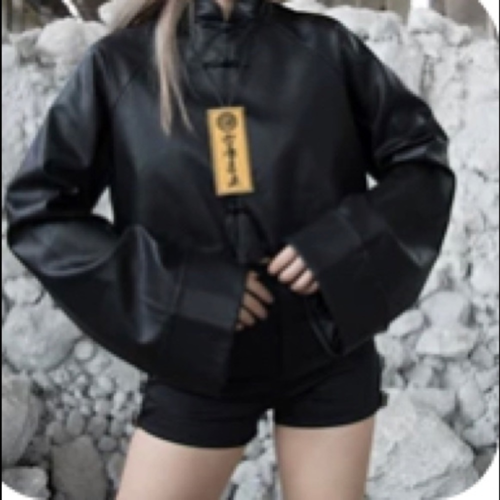 Leather long sleeve crop top with Chinese style dress element and necklace